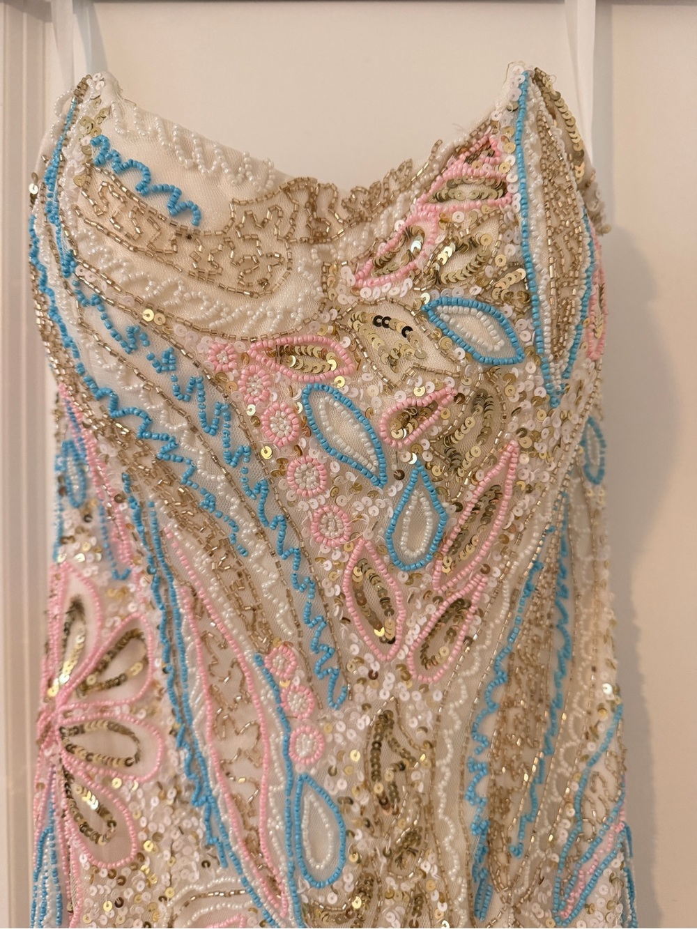 Primavera Couture White Strapless Dress with Pink, Blue & Gold Accents
